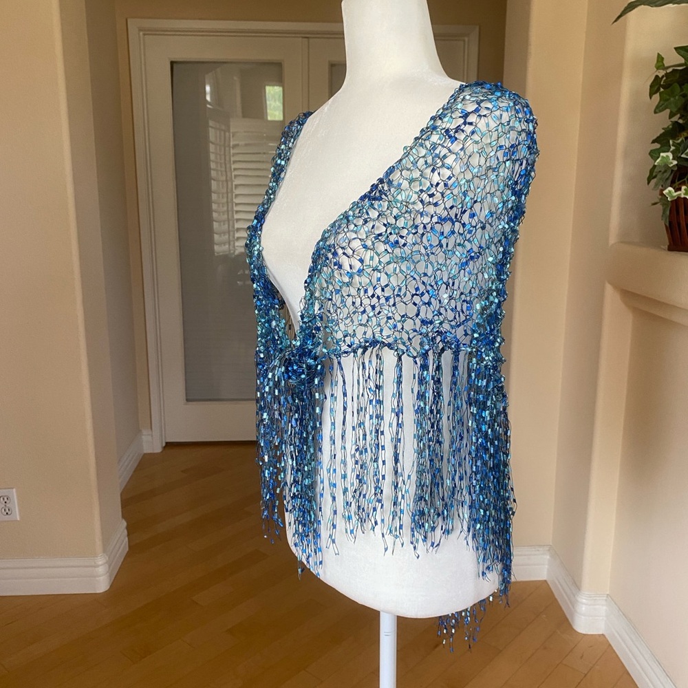Handmade Crocheted Fringed Blue Women's Wrap - Picture 6 of 8